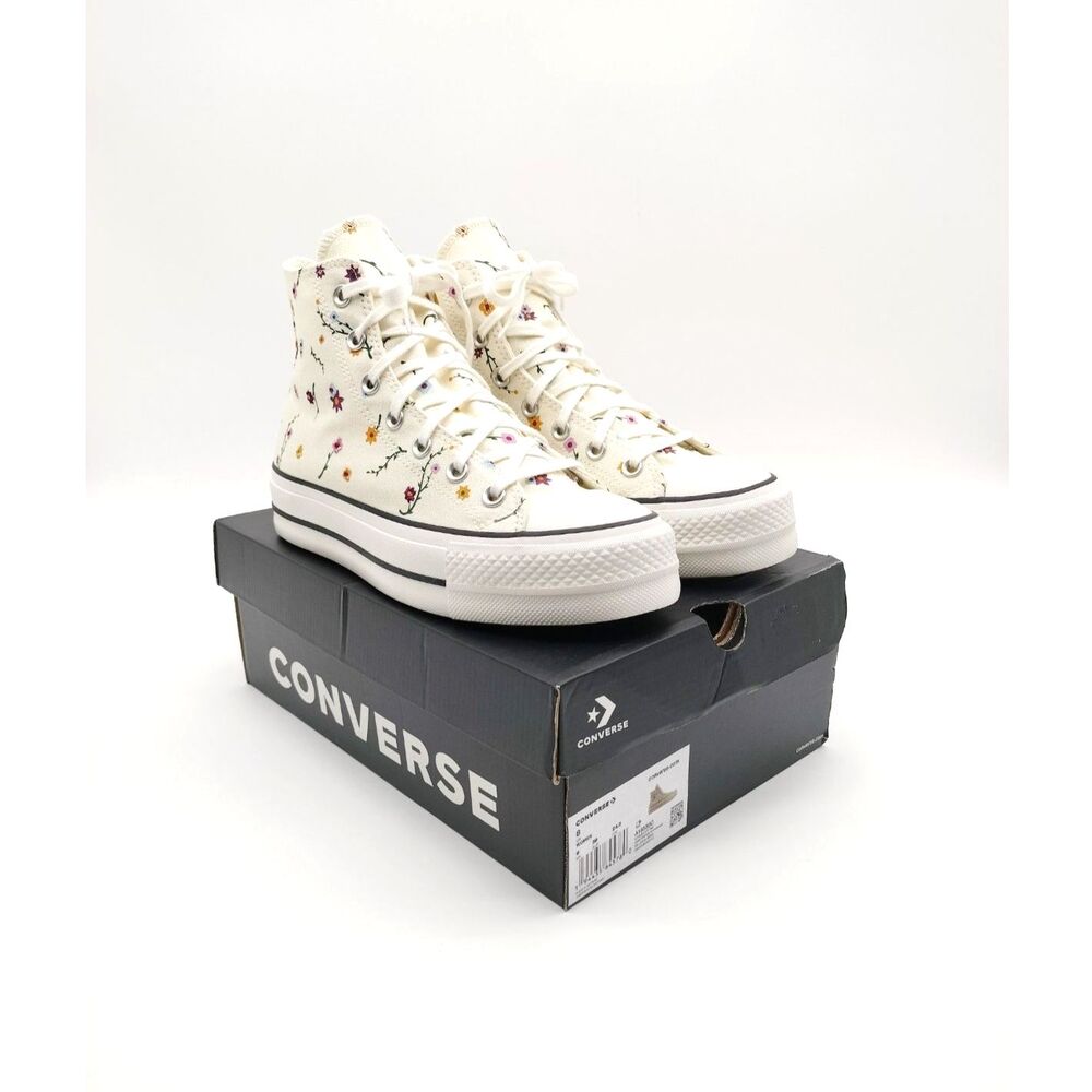 Converse All Star Platform High Top Cream Floral Embroidered Cottagecore Sz 8